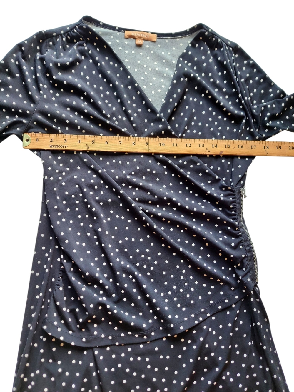 Ellen Tracy Black White Polka Dot Faux Wrap Dress M Side Zip Ruched Stretch - Picture 6 of 15